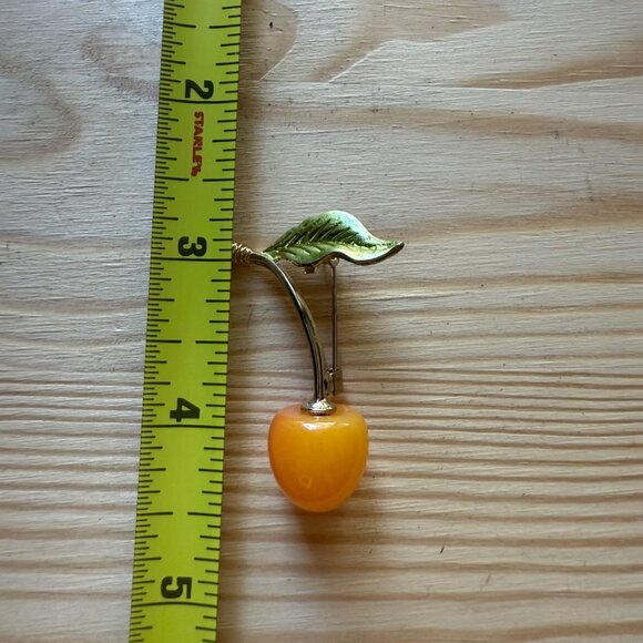 Gold-Tone Cherry Brooch With Orange Enamel Fruit & Green Leaf Pin Jewelry - Picture 2 of 3